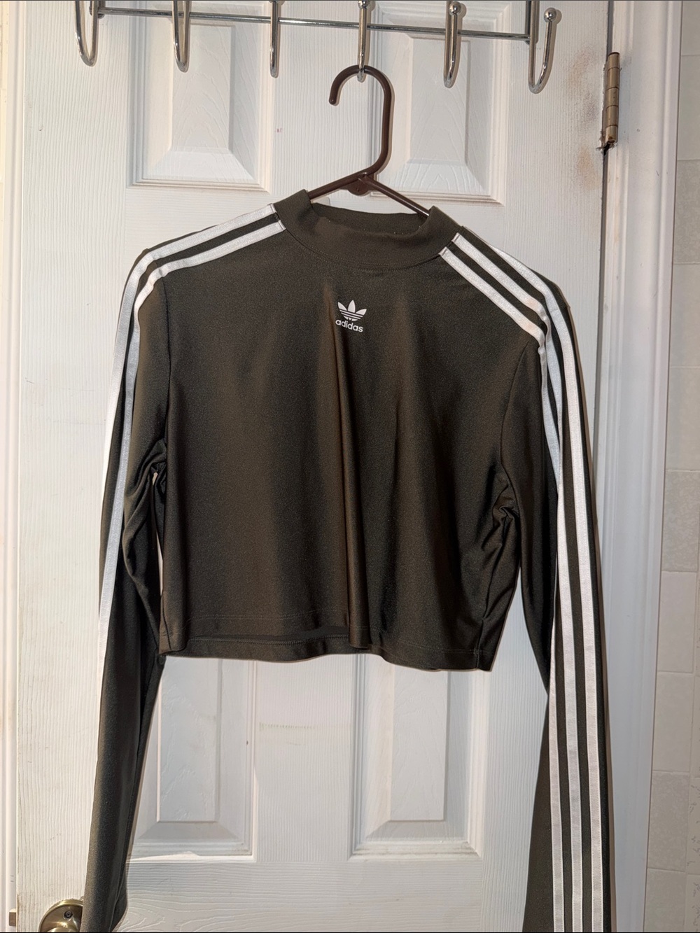 adidas Black Long Sleeve Crop Top with White Shoulder Stripes
